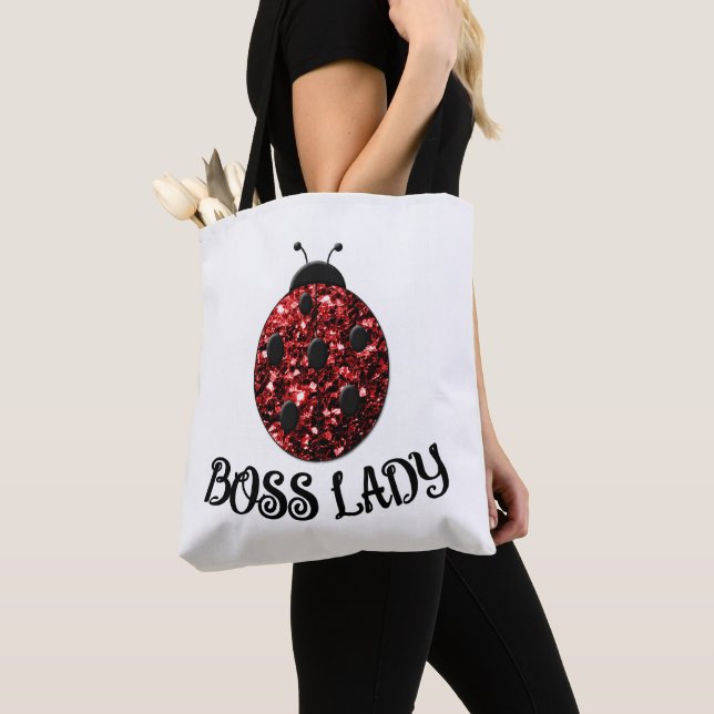 Red sparkly Ladybug BOSS LADY Personalize Tote Bag (Close Up)