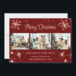 Red Sparkly Snowflake Photo Collage Holiday Card<br><div class="desc">Cute red photo collage Merry Christmas and Happy New Year card featuring snowflakes and stars on the front and falling snow at the back. Easily personalize this elegant holiday card with your photos and text.</div>