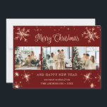 Red Sparkly Snowflake Photo Collage Holiday Card<br><div class="desc">Cute red photo collage Merry Christmas and Happy New Year card featuring snowflakes and stars on the front and falling snow at the back. Easily personalize this elegant holiday card with your photos and text.</div>