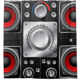 Red speakers with amplifier and control knobs