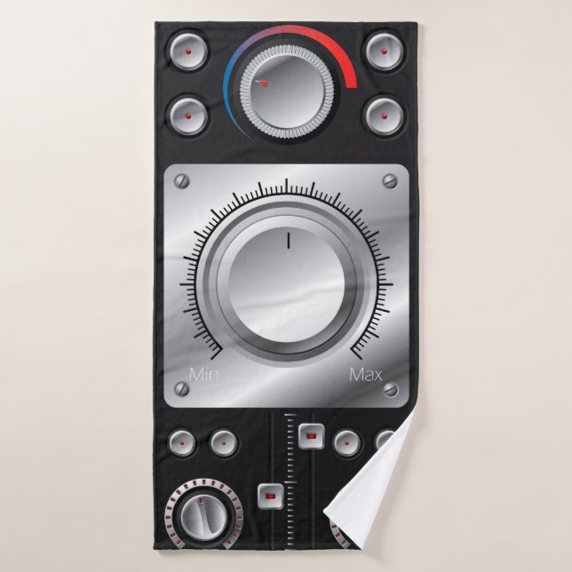 Red speakers with amplifier and control knobs bath towel (Bath Towel)