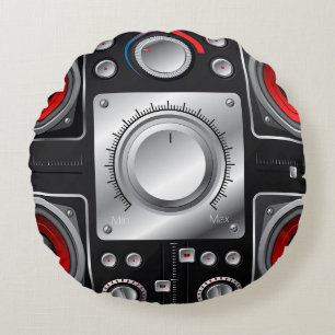 Red speakers with amplifier and control knobs round pillow