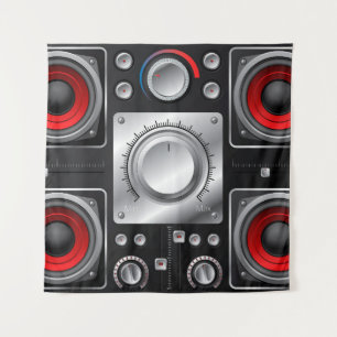Red speakers with amplifier and control knobs tapestry
