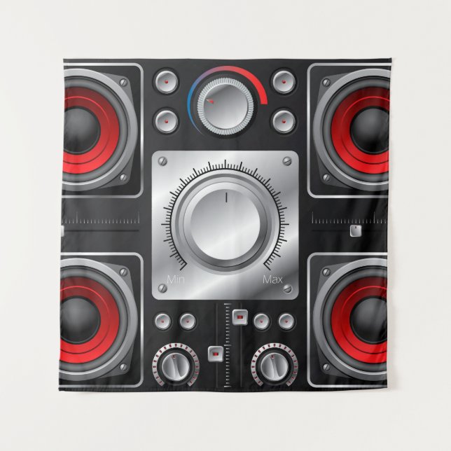 Red speakers with amplifier and control knobs tapestry (Front)