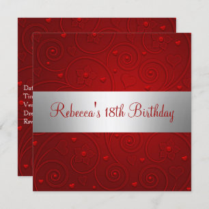 Red Spiral Hearts Silver 18th Birthday Party Invitation