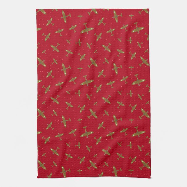 Red Spitfire Warplane Patterned Kitchen Towel (Vertical)