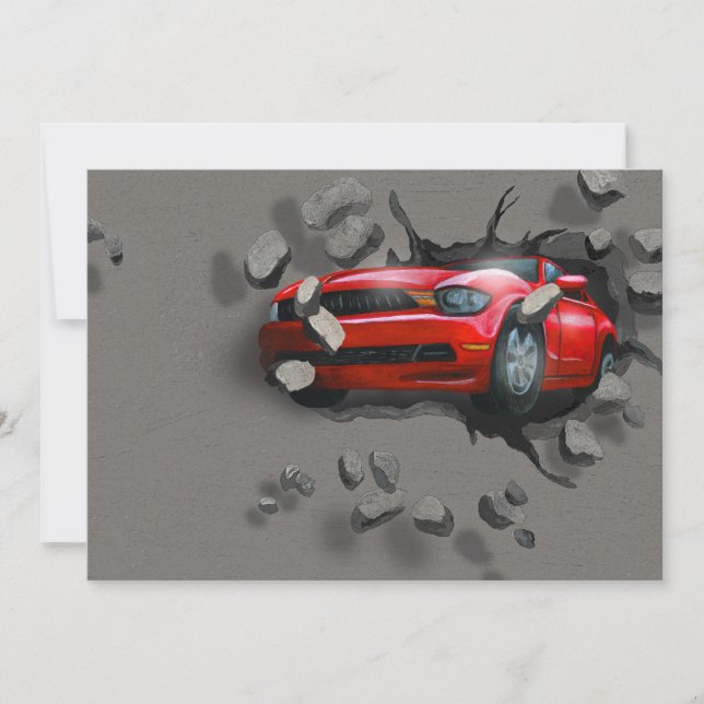 Red Sports Car Crashing Through Wall Invitation (Front)