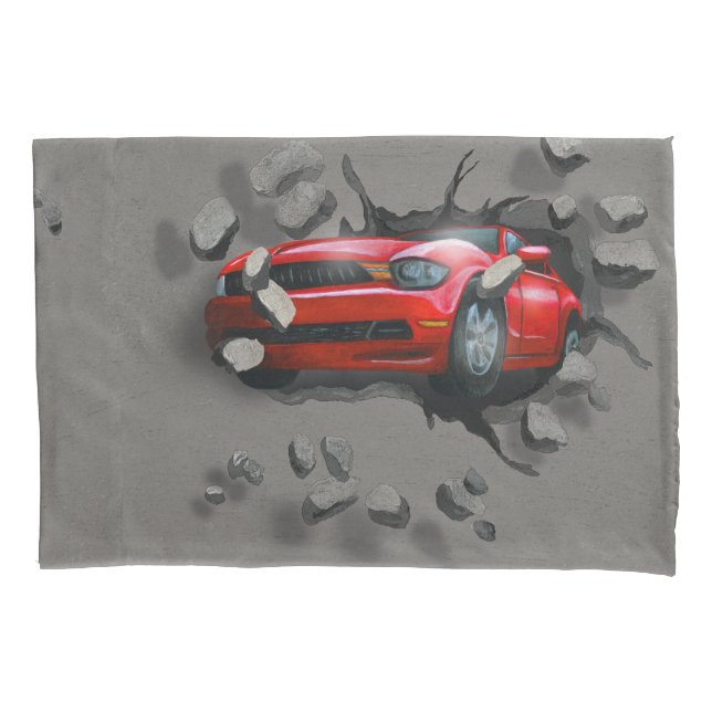 Red Sports Car Crashing Through Wall Pillowcase (Front)