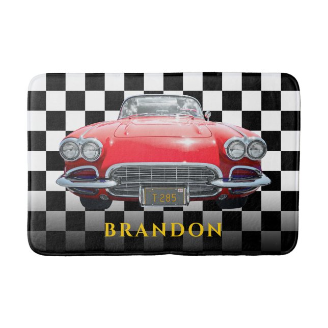 Red Sport's Car, Gold Name, B/W Chequered Bath Mat (Front)