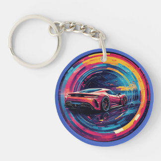 Red Sports Car in Modern Surreal Artistic Tunnel Keychain