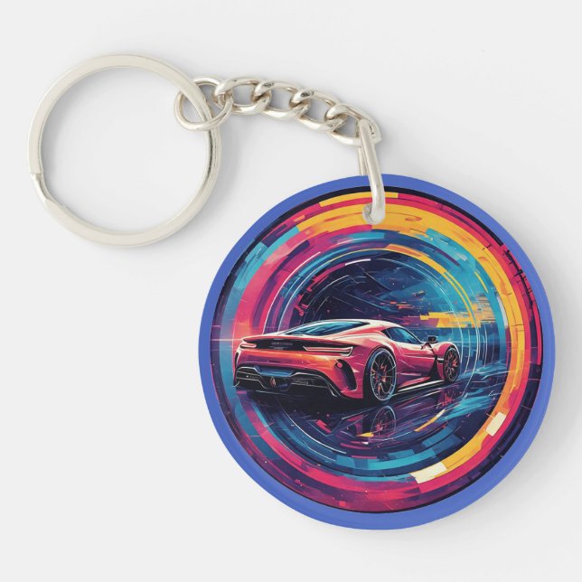 Red Sports Car in Modern Surreal Artistic Tunnel Keychain (Front)