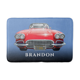 Red Sport's Car, Name, Black Gradient & Blue Bath Mat