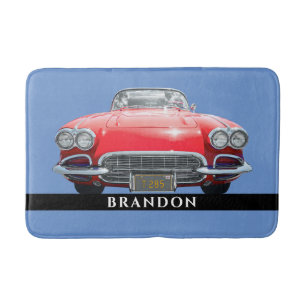 Red Sport's Car, Personalize Name Bath Mat