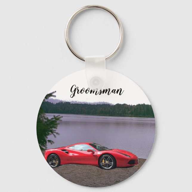 Red Sports Car Personalized Groomsman Keychain (Front)