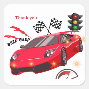 Red Sports Car Racing Theme Party Invite thank you Square Sticker