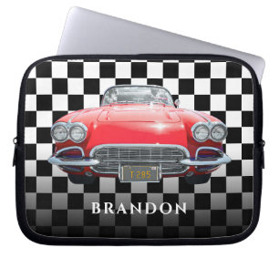 Red Sport's Car, White Name, B/W Chequered Laptop Sleeve
