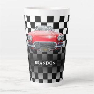 Red Sport's Car, White Name, B/W Chequered Latte Mug