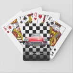 Red Sport's Car, White Name, B/W Chequered Playing Cards<br><div class="desc">Personalize name in white with red sport's car on black and white chequered background.</div>