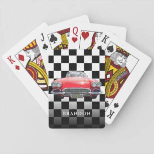 Red Sport's Car, White Name, B/W Chequered Playing Cards