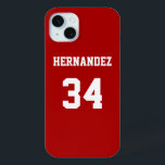 Red Sports Jersey  iPhone 15 Mini Case<br><div class="desc">Add a name and number(s) to personalize this custom red and white sports jersey inspired phone case. It is an excellent gift for a sports fan or athlete. The options to change the colour and font sizes are available.</div>