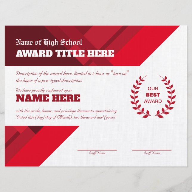 RED SPORTS Recognition Award Certificate Letterhead (Front)