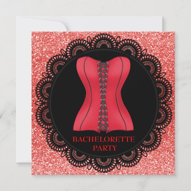 RED SPOT CORSET BACHELORETTE PARTY GLITTER INVITATION (Front)