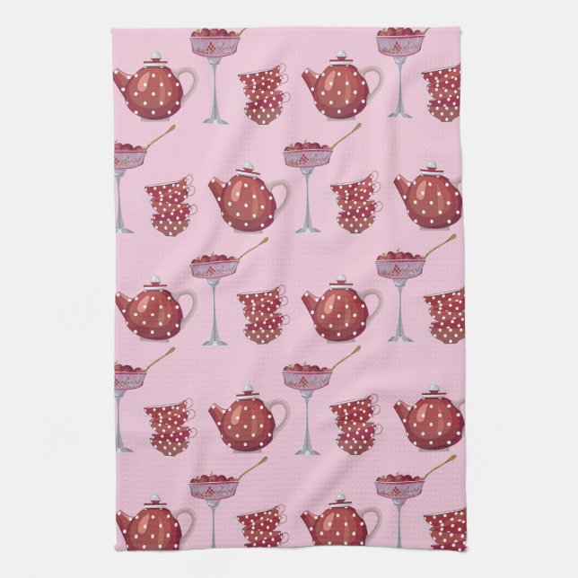 Red Spotty Tea Set and Strawberries Pink Pattern Kitchen Towel (Vertical)