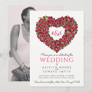Red spring tulips drawing heart wedding photo invitation