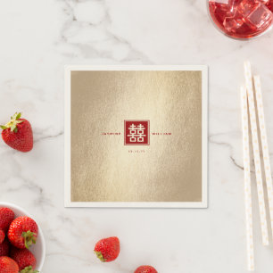 Red Square Double Happiness Gold Chinese Wedding Napkin