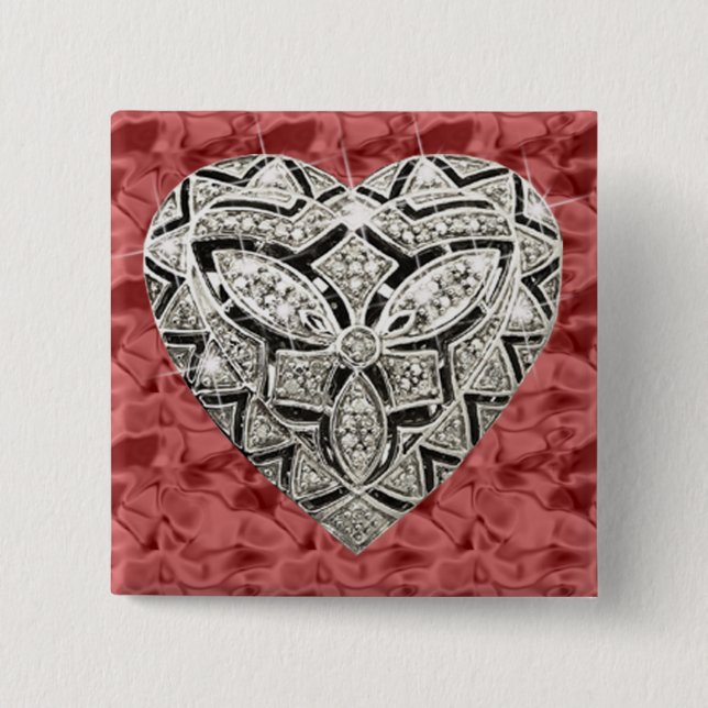 Red Square Elegant Designer Heart Button (Front)