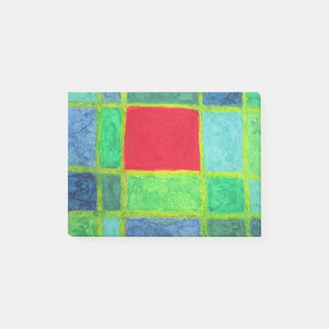 Red Square in a blue green abstract grid Post-it Notes (Front)