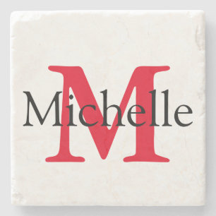 Red Square Monogram Personalized Stone Coaster