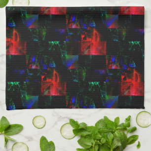 Red square mosaic overlay over dark green patches kitchen towel