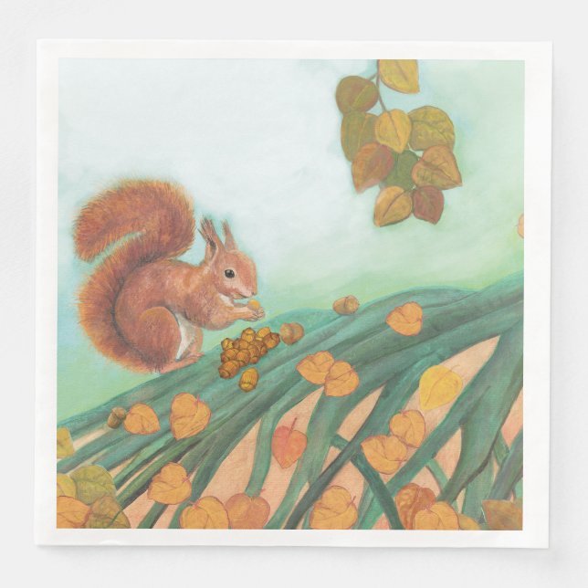Red Squirrel Eating Hazelnut Illustration Napkin (Front)