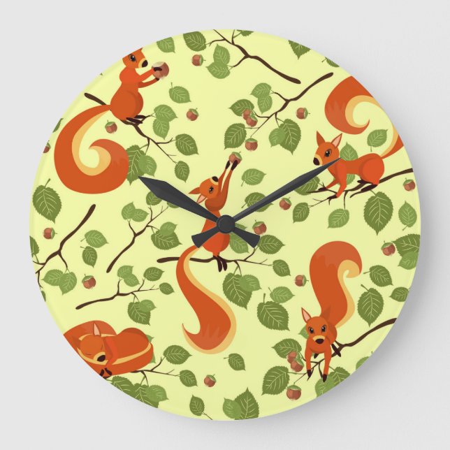 Red squirrel in hazel branches. large clock (Front)