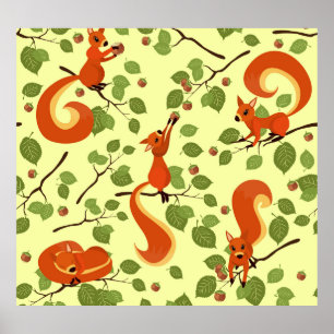 Red squirrel in hazel branches. poster
