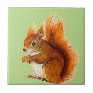 Red Squirrel Painted in Watercolor Wildlife Art Tile