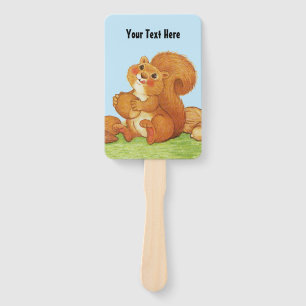 Red Squirrel Rosy Cheeks With Stash of Nuts Grass Hand Fan