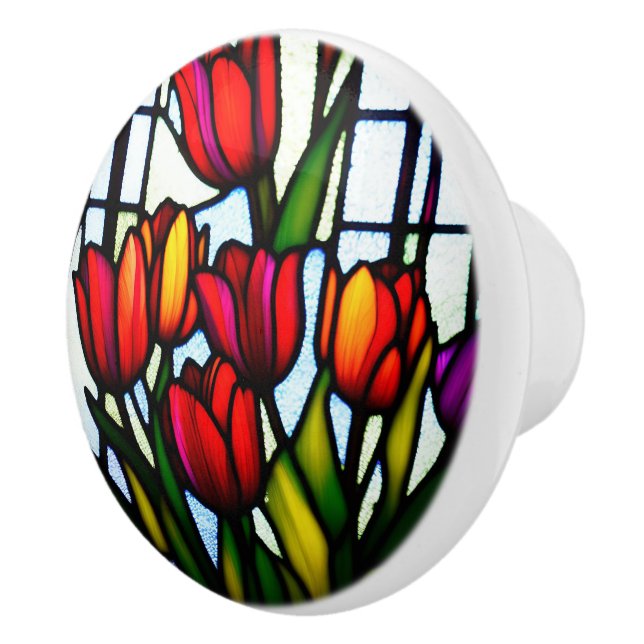 Red Stained Glass Tulips,  Ceramic Knob (Right)