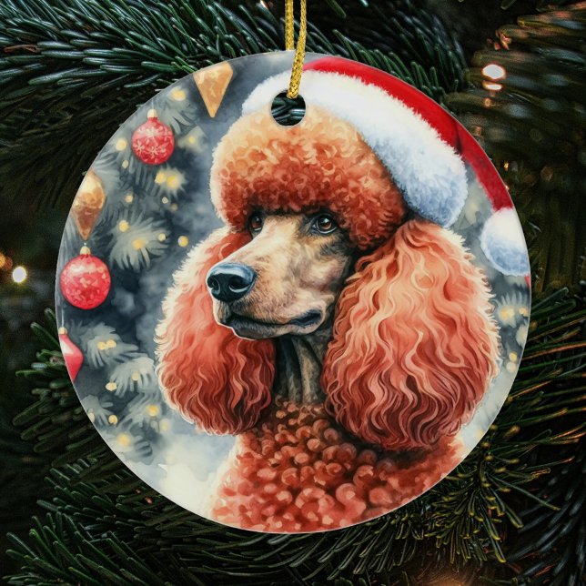 Red Standard Poodle Watercolor Christmas Ceramic Ornament (Creator Uploaded)