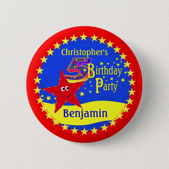 Red Star 5th Birthday Party Name Button (Front)