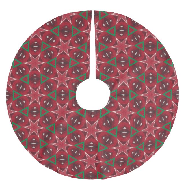 Red Star and Green Geometric Christmas Pattern Brushed Polyester Tree Skirt (Front)