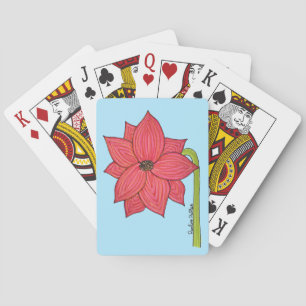 Red Star Flower with Blue background Playing Cards