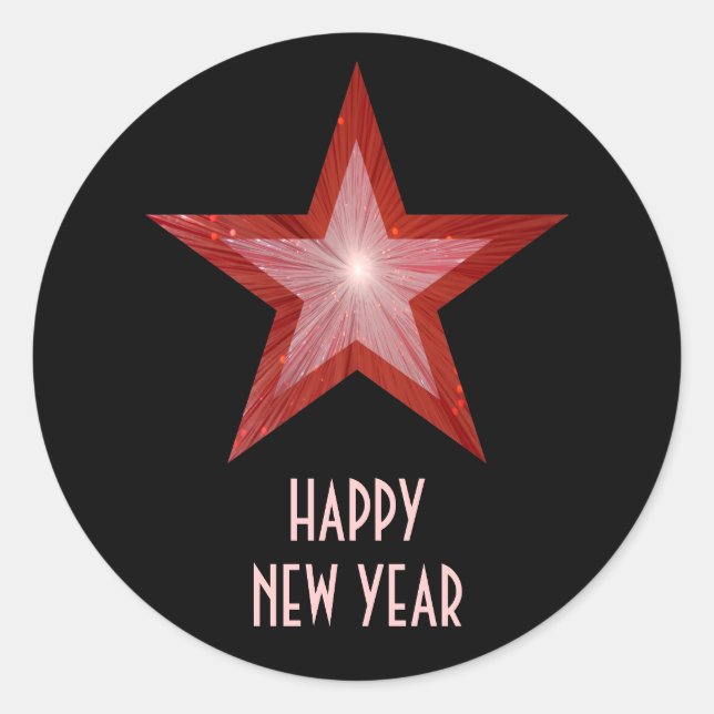 Red Star 'Happy New Year' round sticker black (Front)