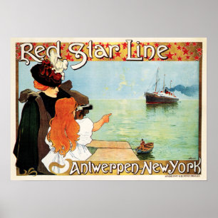 RED STAR LINE Ship Cruises Antwerp to New York Old Poster