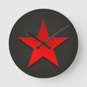 Red Star on Black Carbon Fibre Round Clock