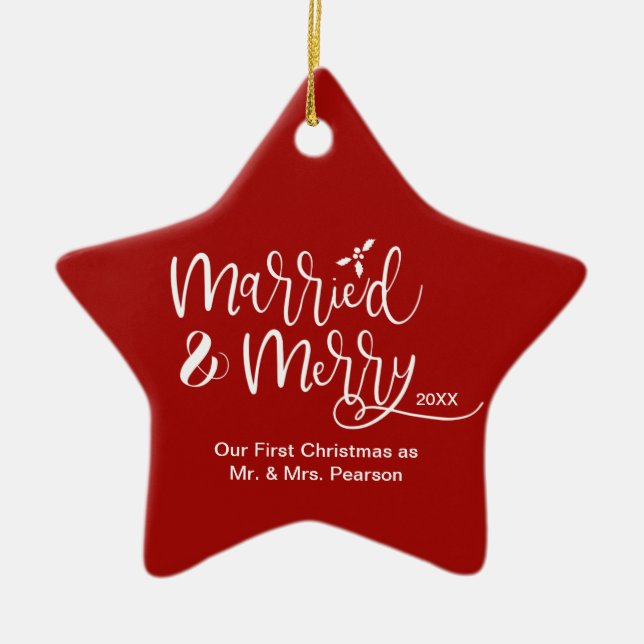 Red Star Our First Christmas Married Merry Photo Ceramic Ornament