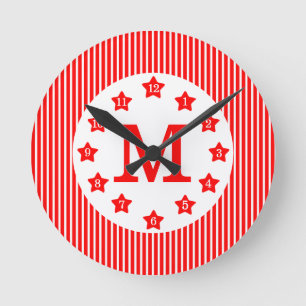 Red Star Pinstripe Frame Monogrammed Round Clock