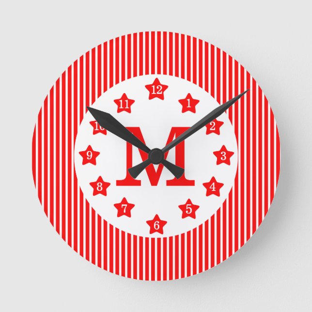 Red Star Pinstripe Frame Monogrammed Round Clock (Front)