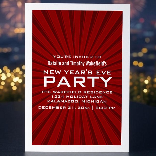 Red Starburst Stripes Invitation de la fête du Nou (Red Starburst Stripes New Years Party Invite)